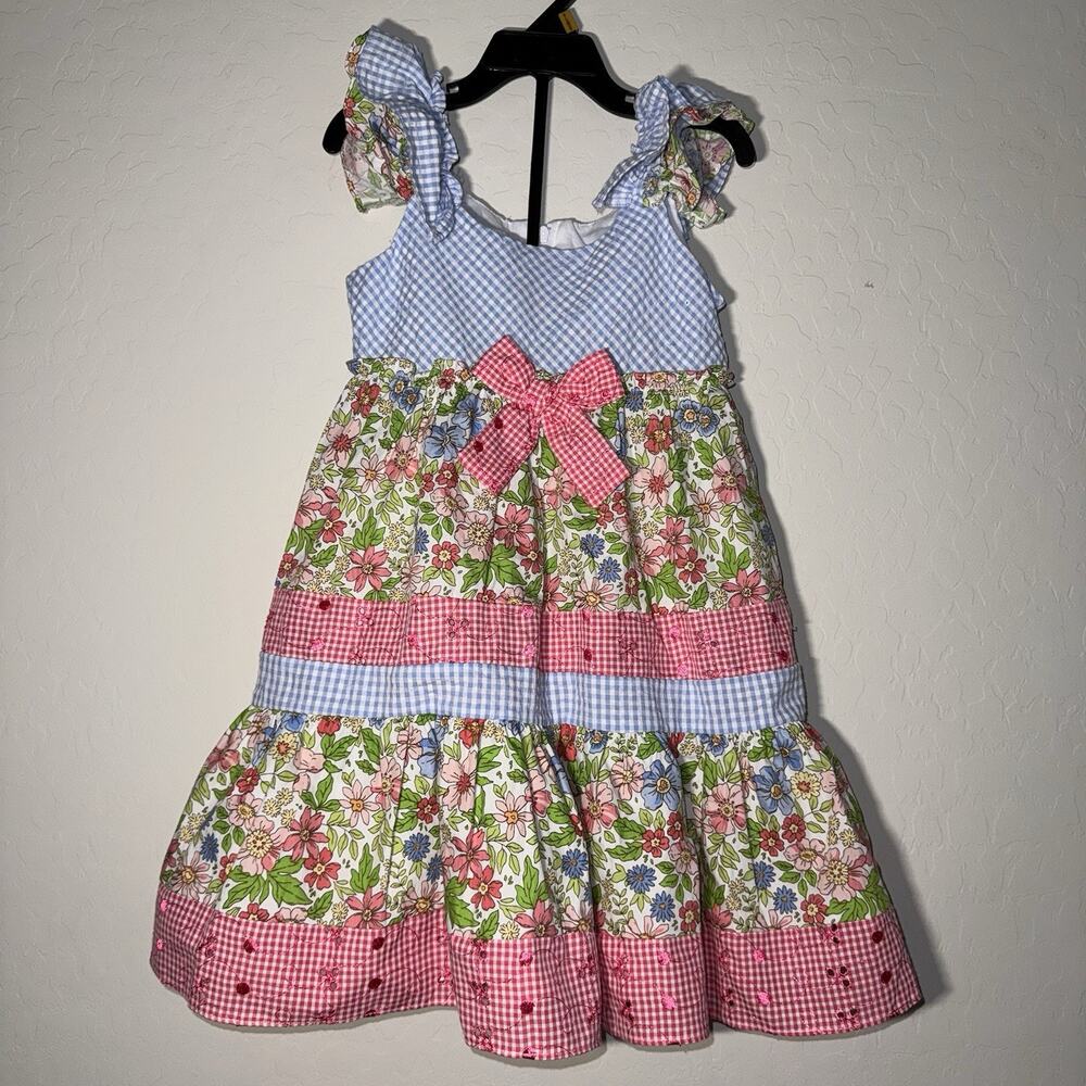 Bonnie Jean Girls Sun Dress Patchwork Size 5 Eyelet Embroidery Pink Blue Tank